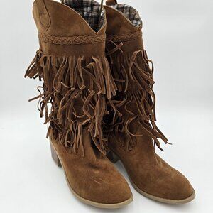 Tan Fringe Cowboy Boots Suede-Like Fabric Block Heel Western Style Size 6